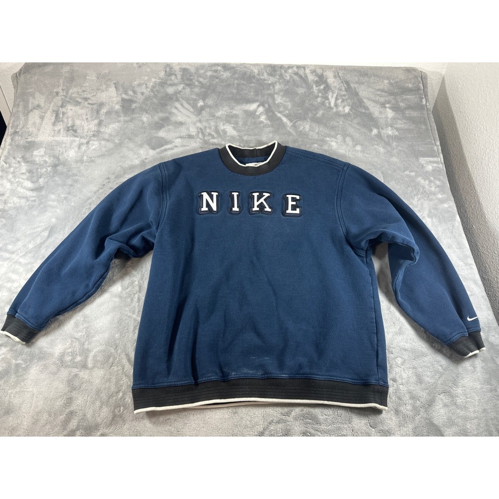 Vintage Nike Spellout Crewneck Sweatshirt Navy Blue Embroidered Mens Medium